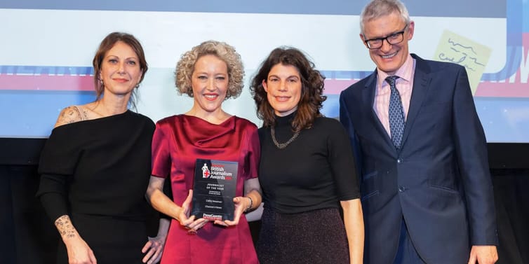 Cathy Newman and her producer Claire Sinka picking up the Journalist of the Year prize at the British Journalism Awards 2025